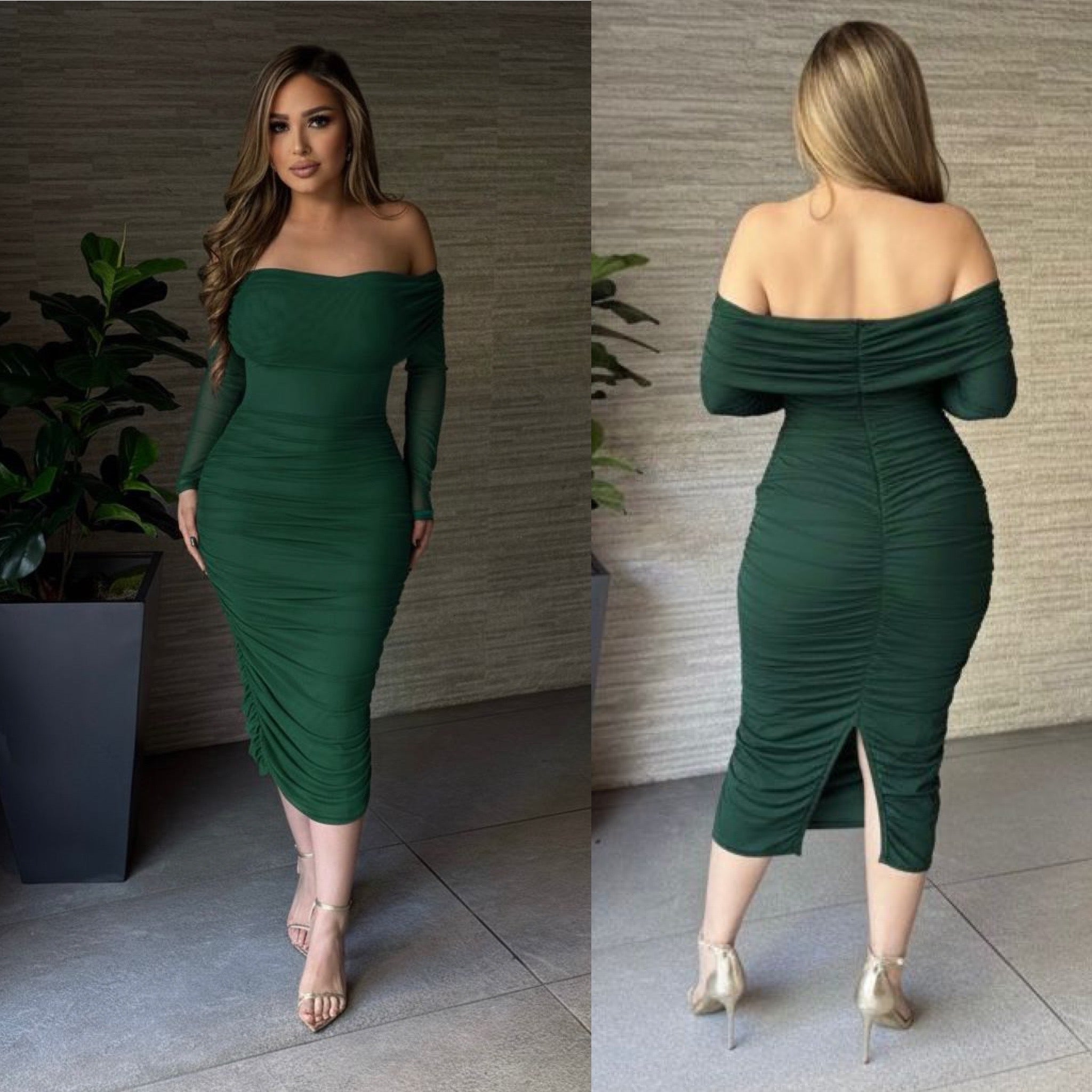 Julie Off Shoulder Ruched Long Sleeve Dress