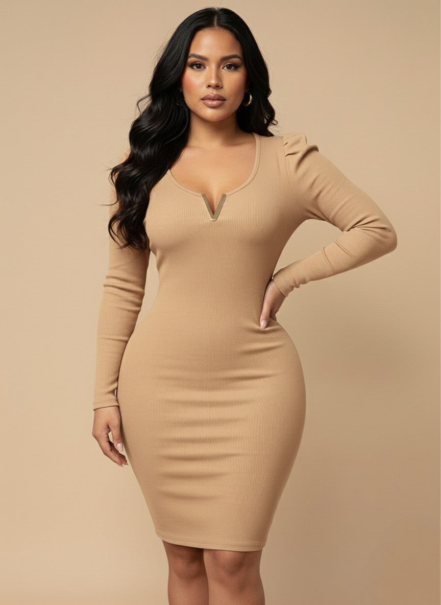 Gabby Puff Long Sleeve Rib Knit Dress
