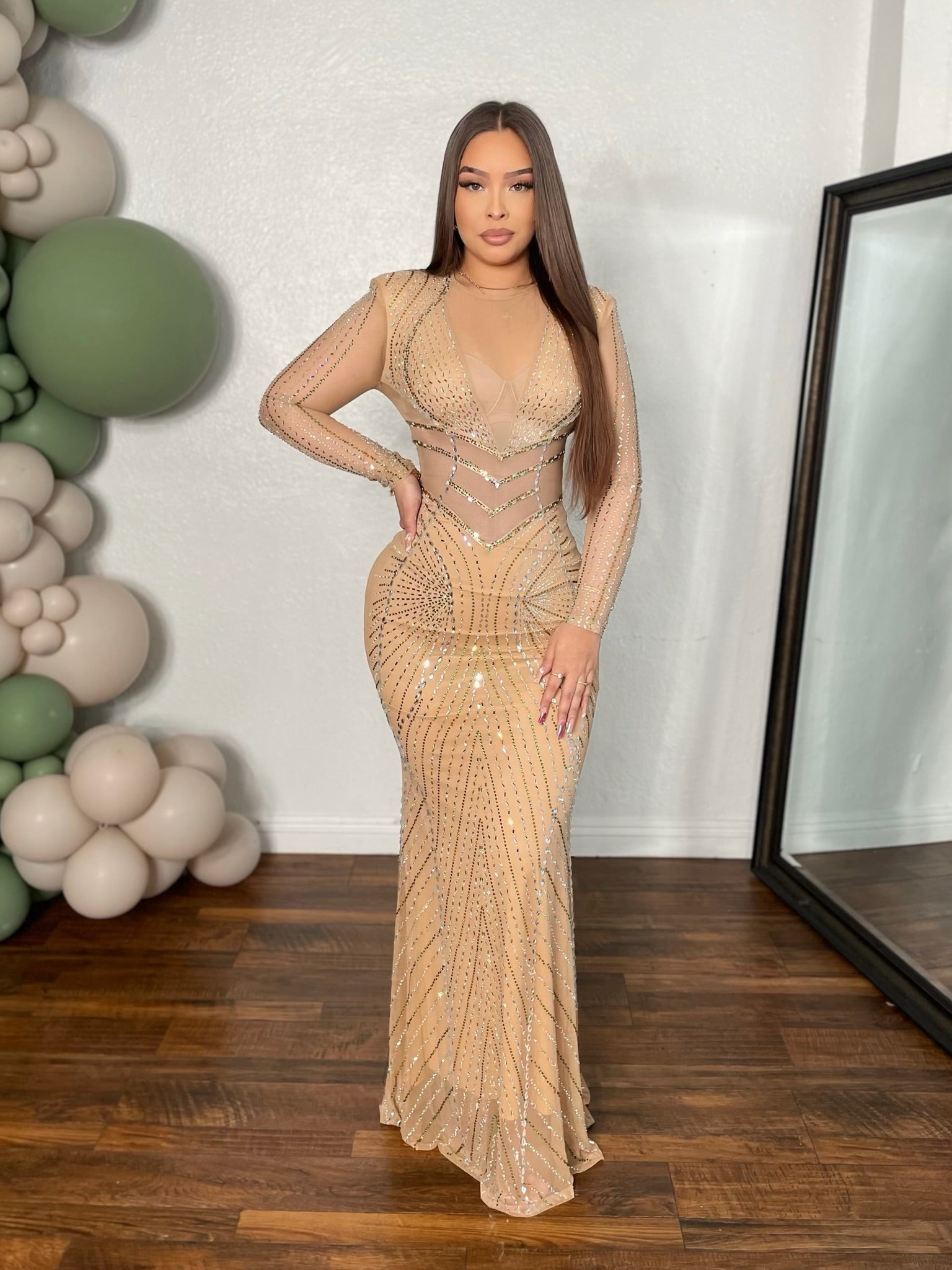 Ofelia Rhinestone Long Sleeve Gown