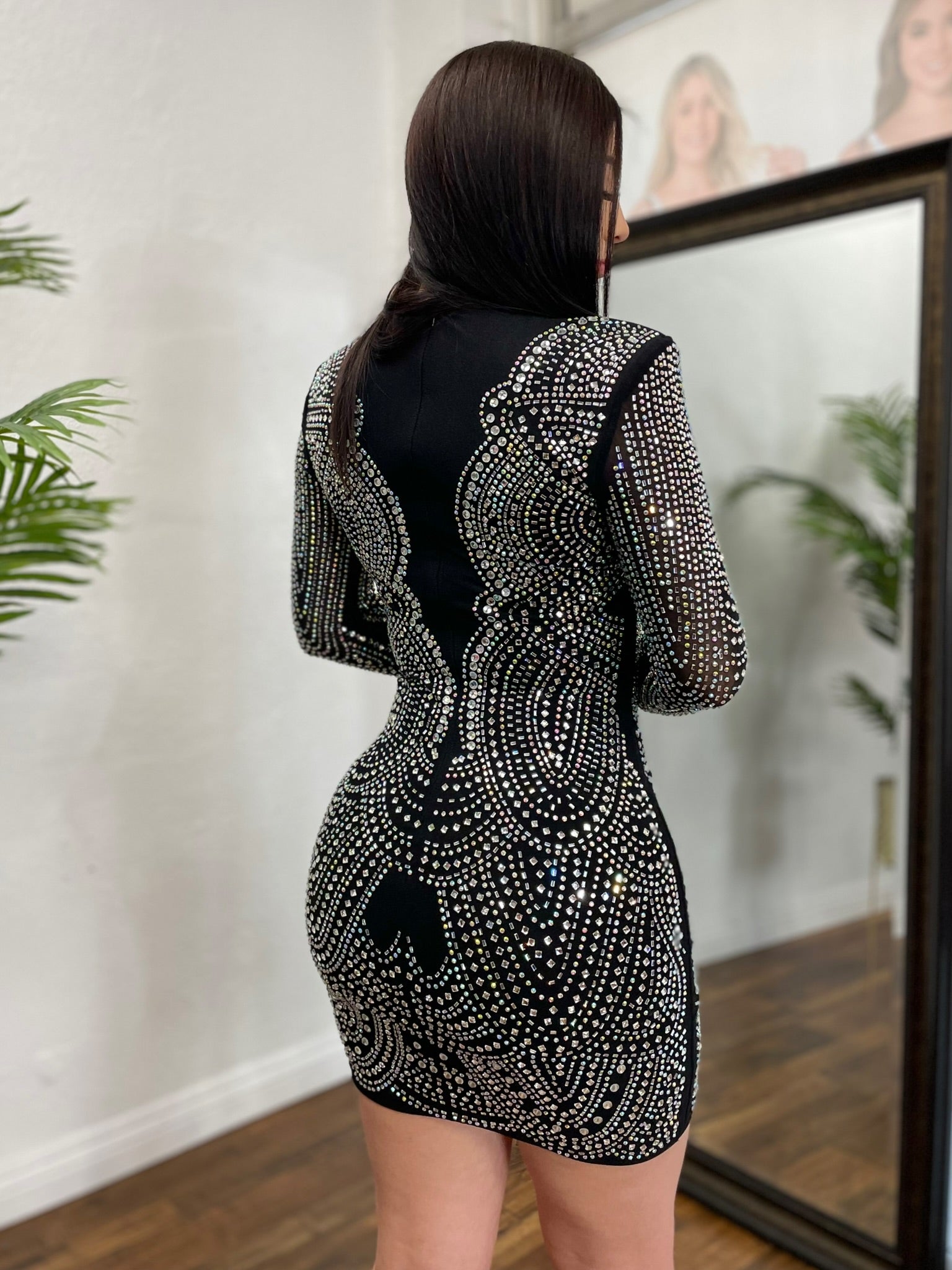 Amanda Rhinestone Long Sleeve Mini Dress
