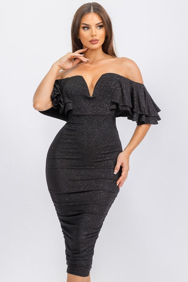Elisa Glitter Fabric Off Shoulder Ruffled Drape Dress
