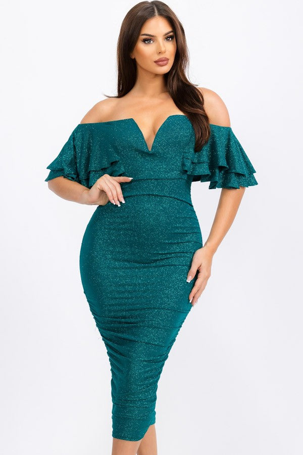 Elisa Glitter Fabric Off Shoulder Ruffled Drape Dress