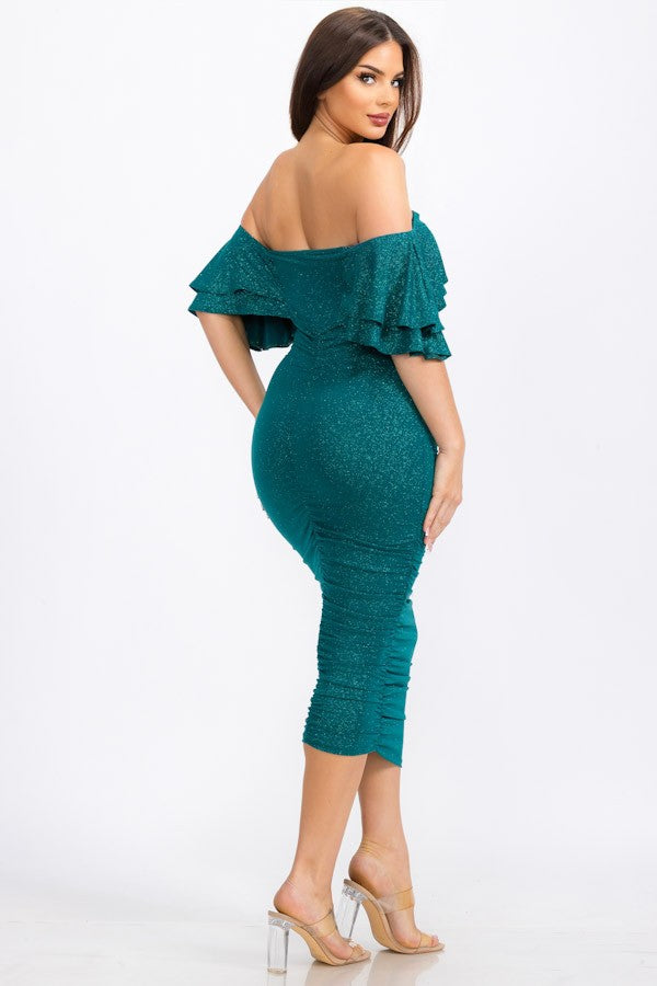 Elisa Glitter Fabric Off Shoulder Ruffled Drape Dress