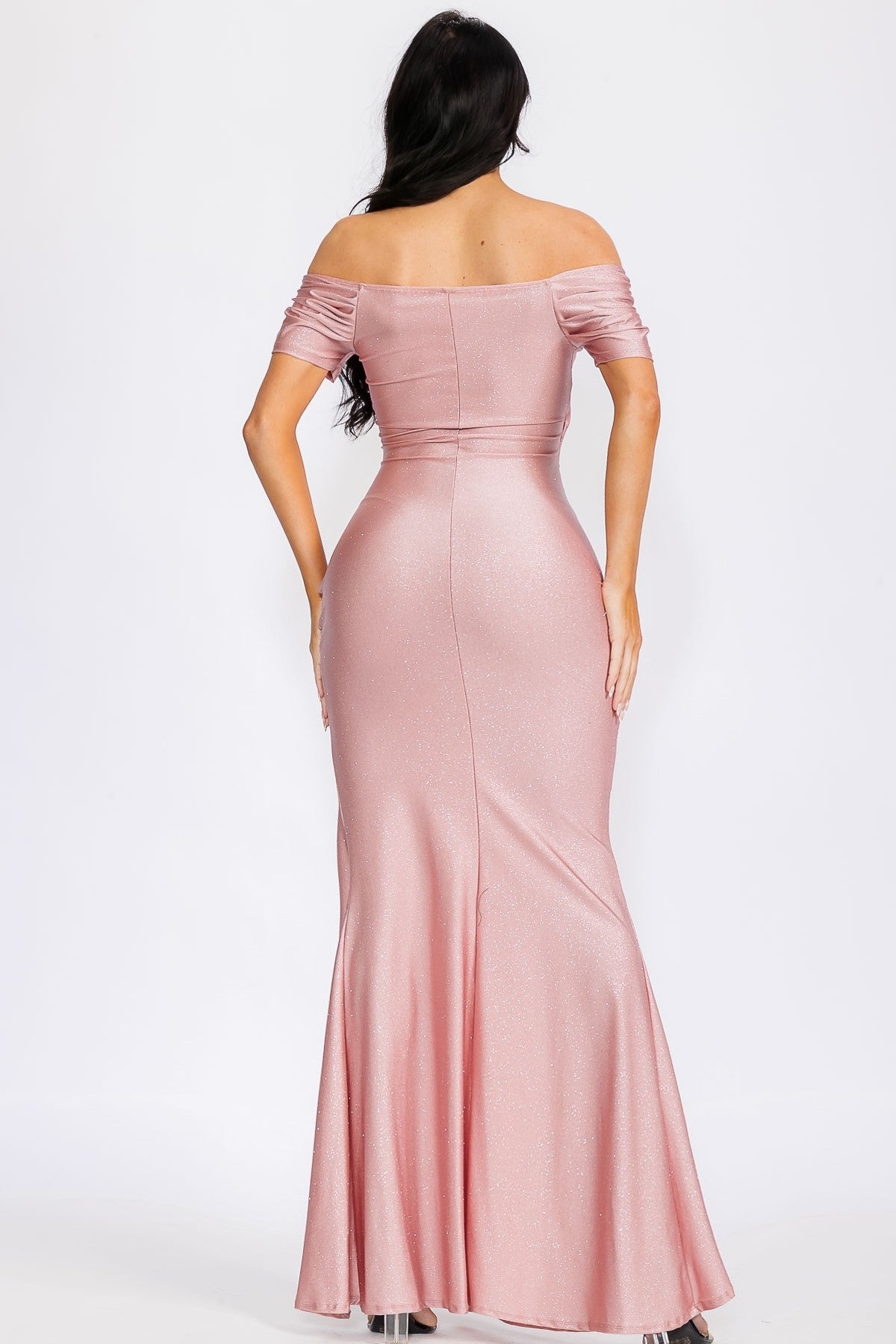 Mary Satin Glitter Off Shoulder Draped Slit Gown