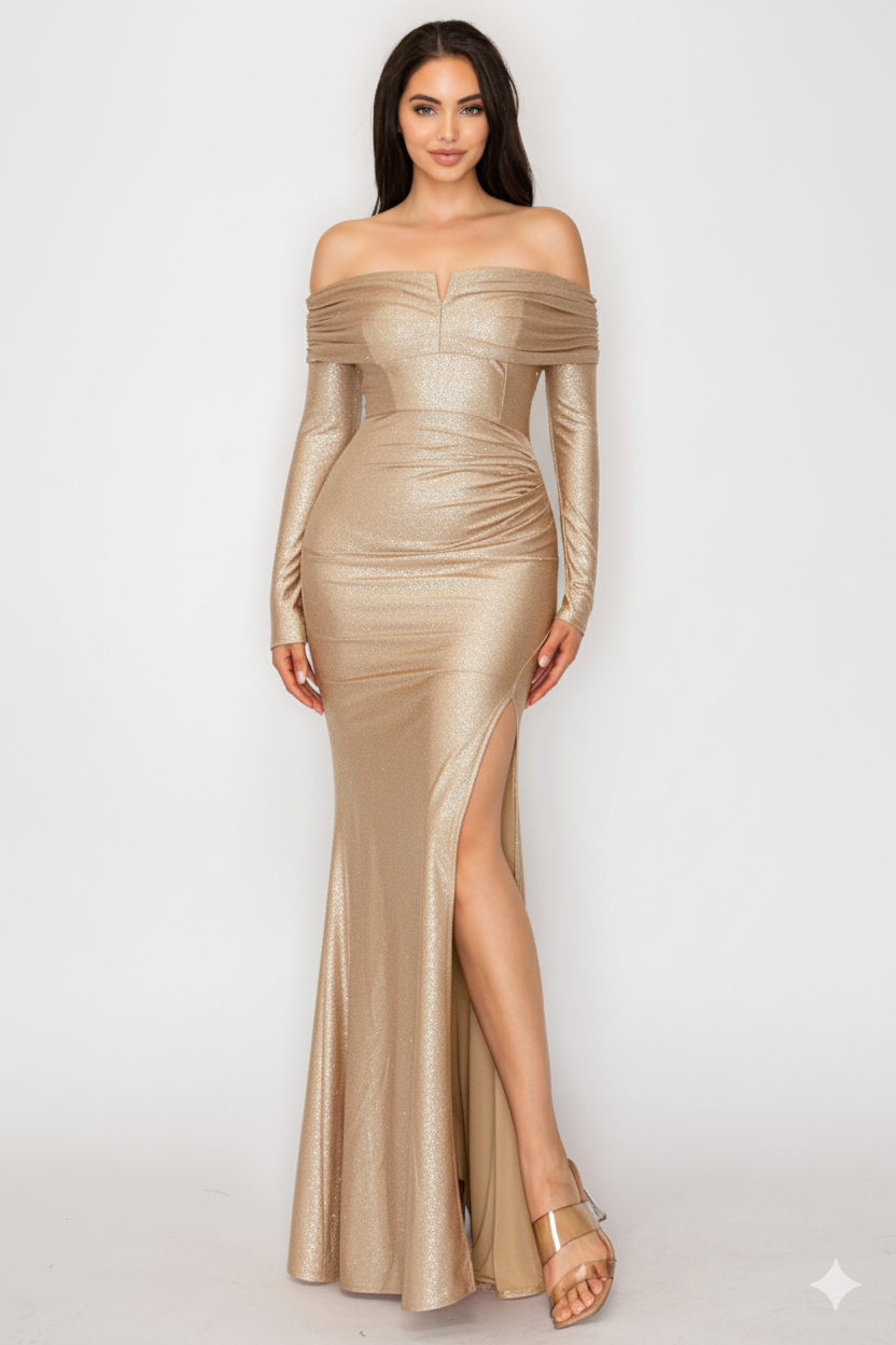 Sonia Off Shoulder Glitter Satin Lurex Maxi Gown