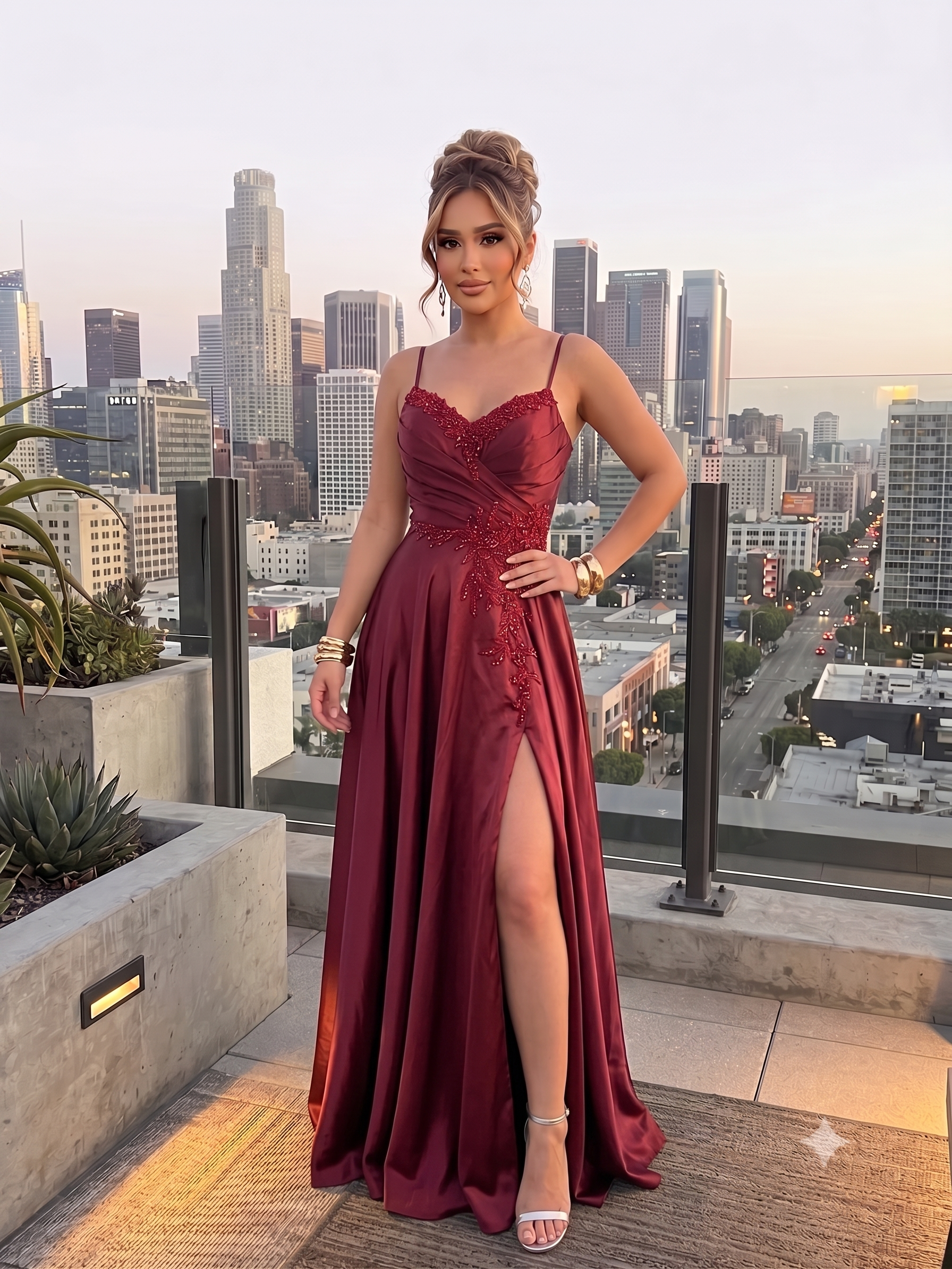 Jocelin A Line Embroidered Gown w/ Side Slit