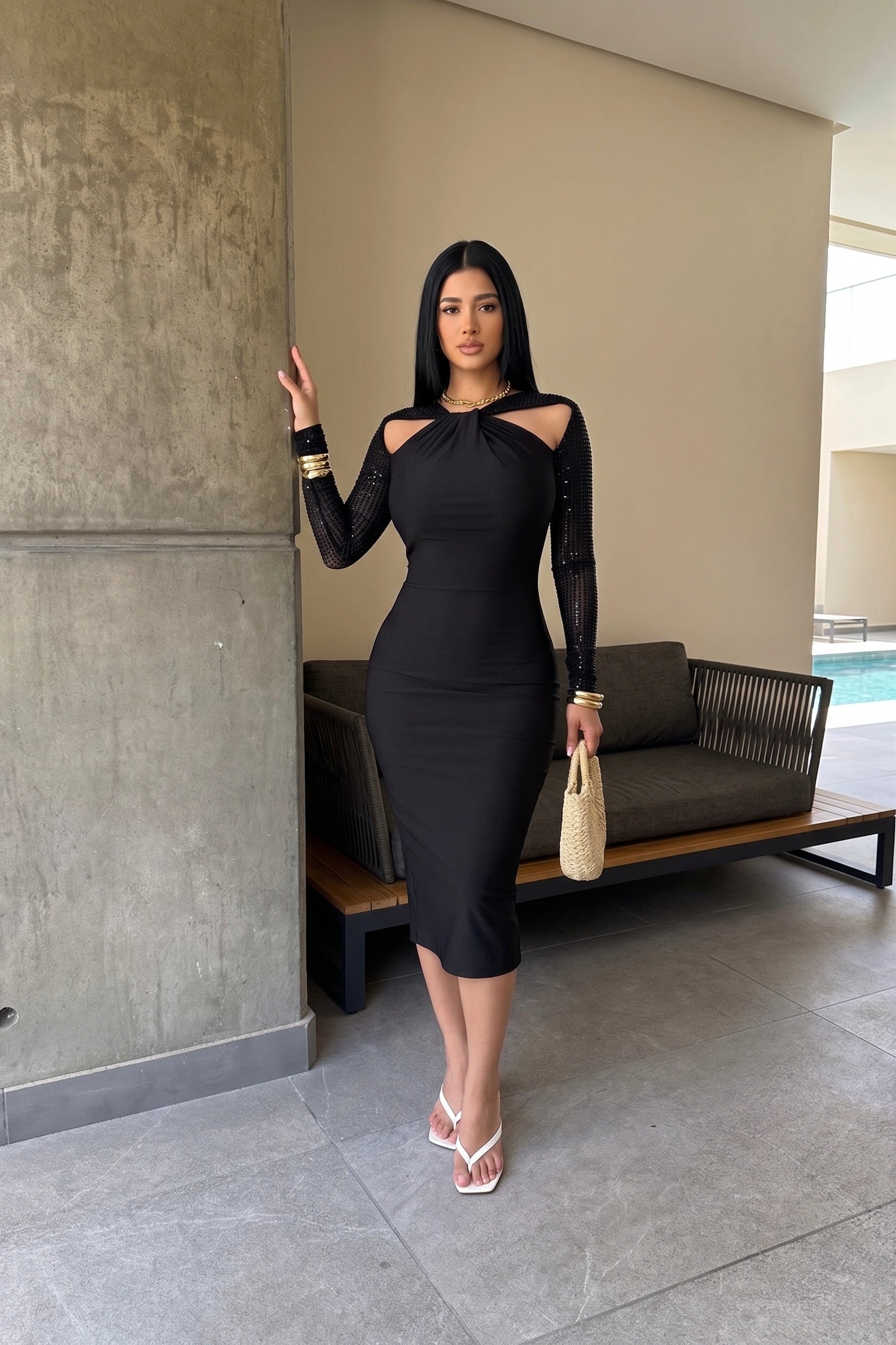 Nadia Rhinestone Twist Mesh Sleeve Satin Midi Dress
