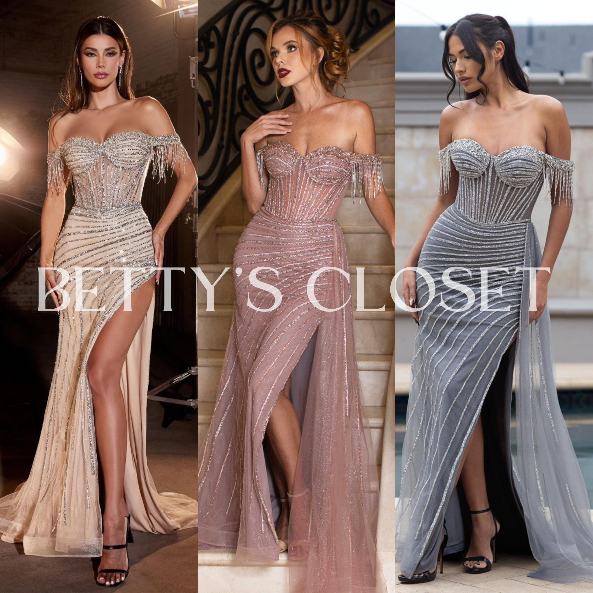 Leslie Glitter Embellished Off-Shoulder Long Prom Gown
