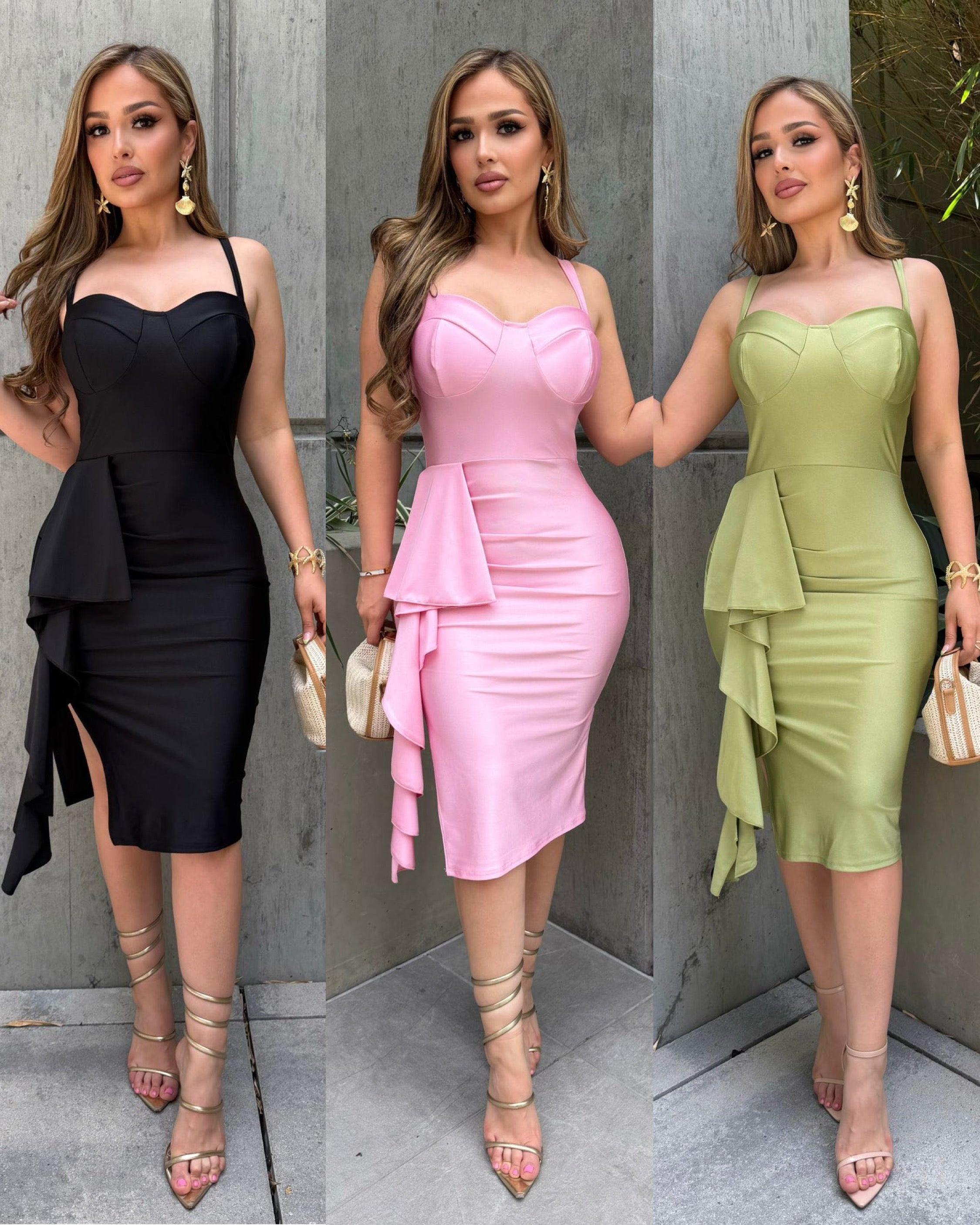 Kendra Side Ruffle Slit Midi Dress