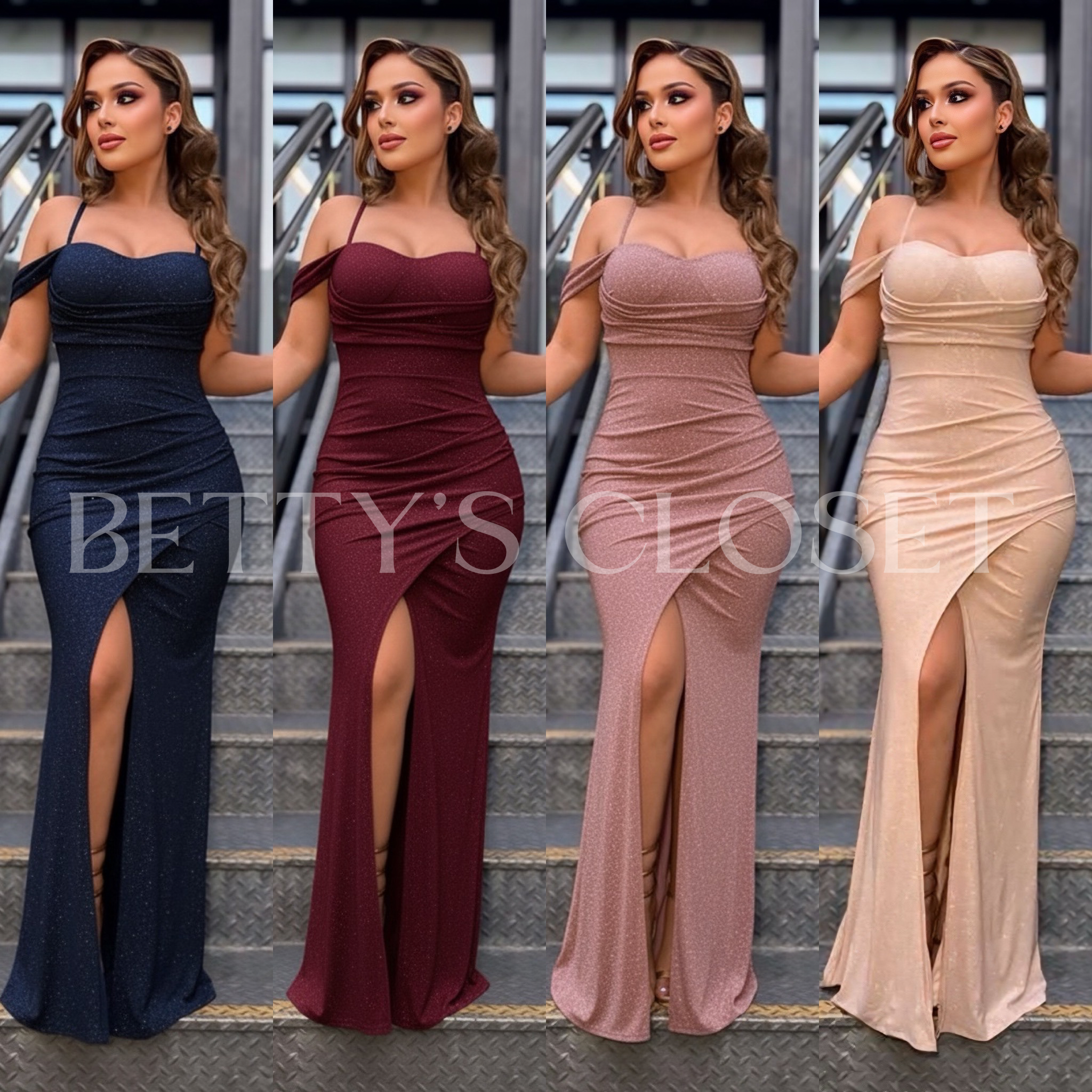 Destiny Off Shoulder Glitter Gown W/ Padding and Front Slit & Adjustable Straps