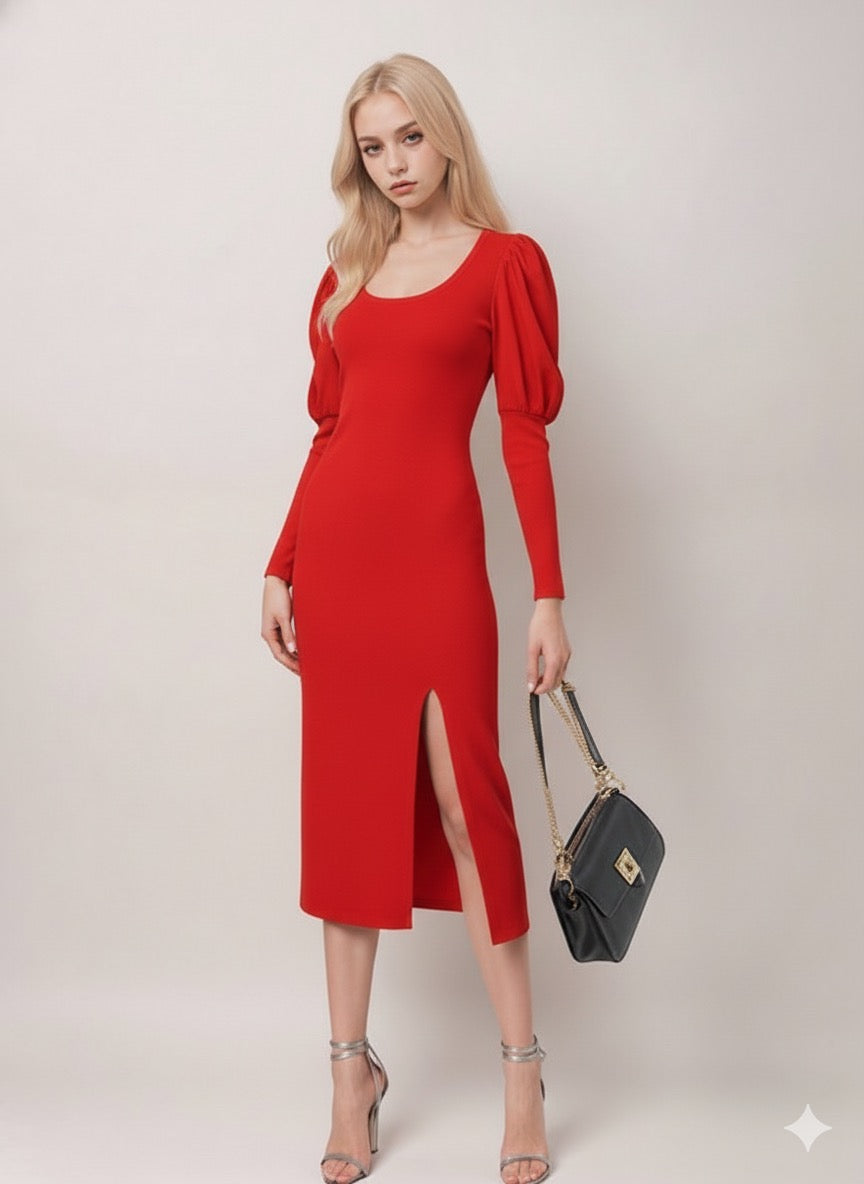 Kennedy Ribbed Puff Long Sleeve Dress