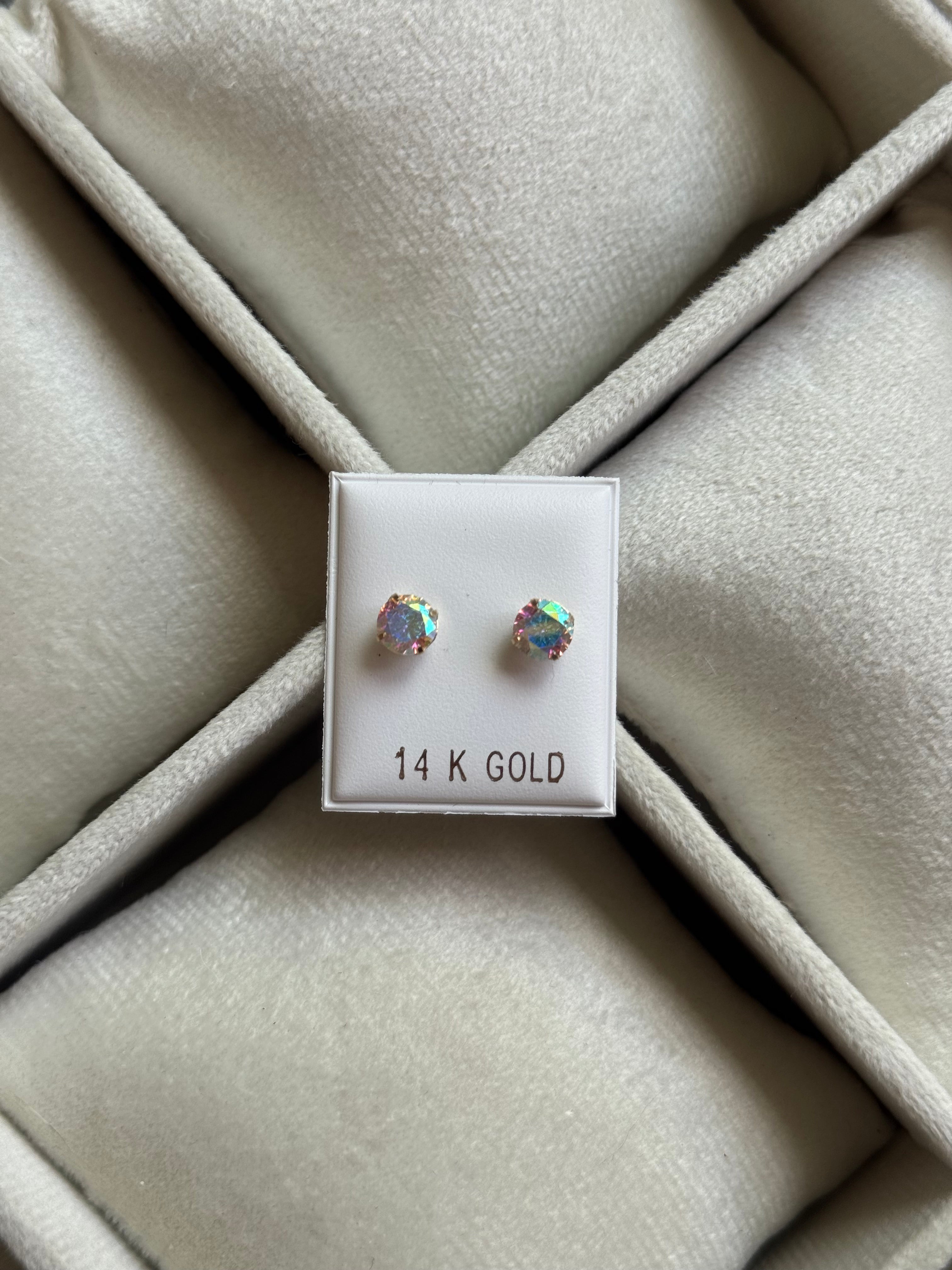 14K GOLD Round Cut CZ Stud Earrings