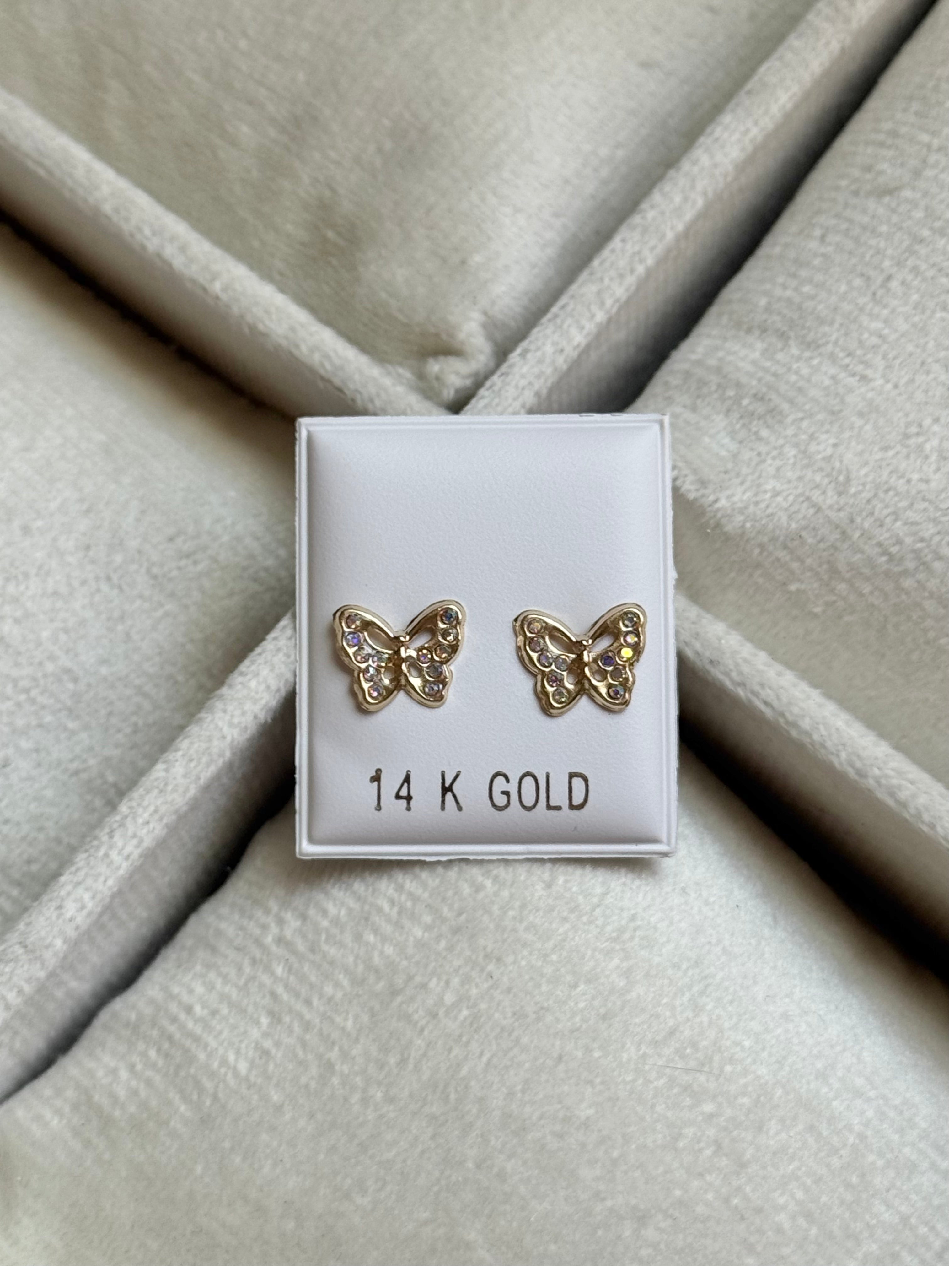 14K GOLD Butterfly CZ Stone Earrings