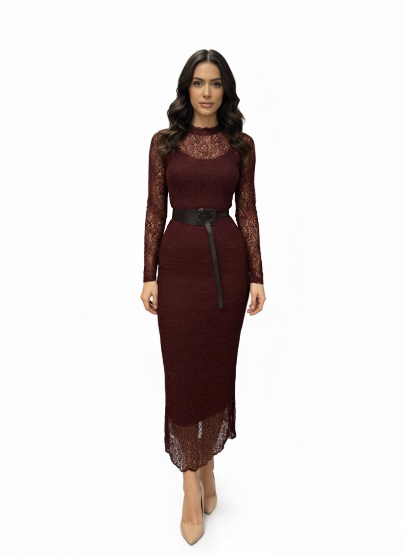 Sandy Mesh Long Sleeve Midi Dress W/ Belt