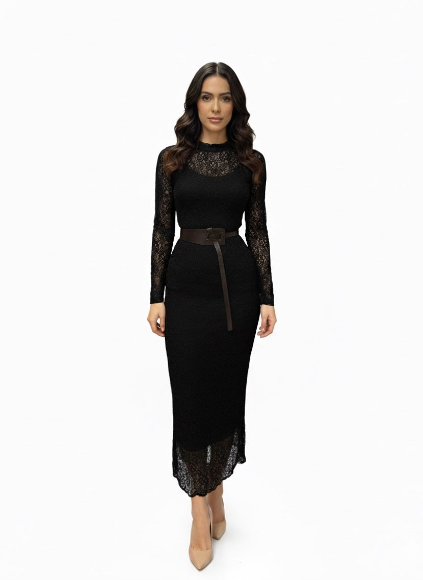 Sandy Mesh Long Sleeve Midi Dress W/ Belt