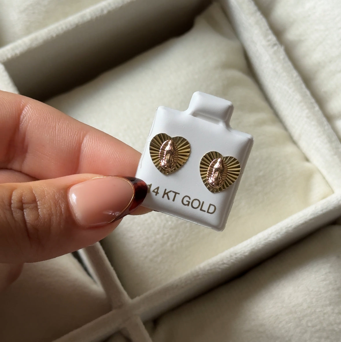 14K Gold Two Tone Heart Virgin Mary Stud Earrings