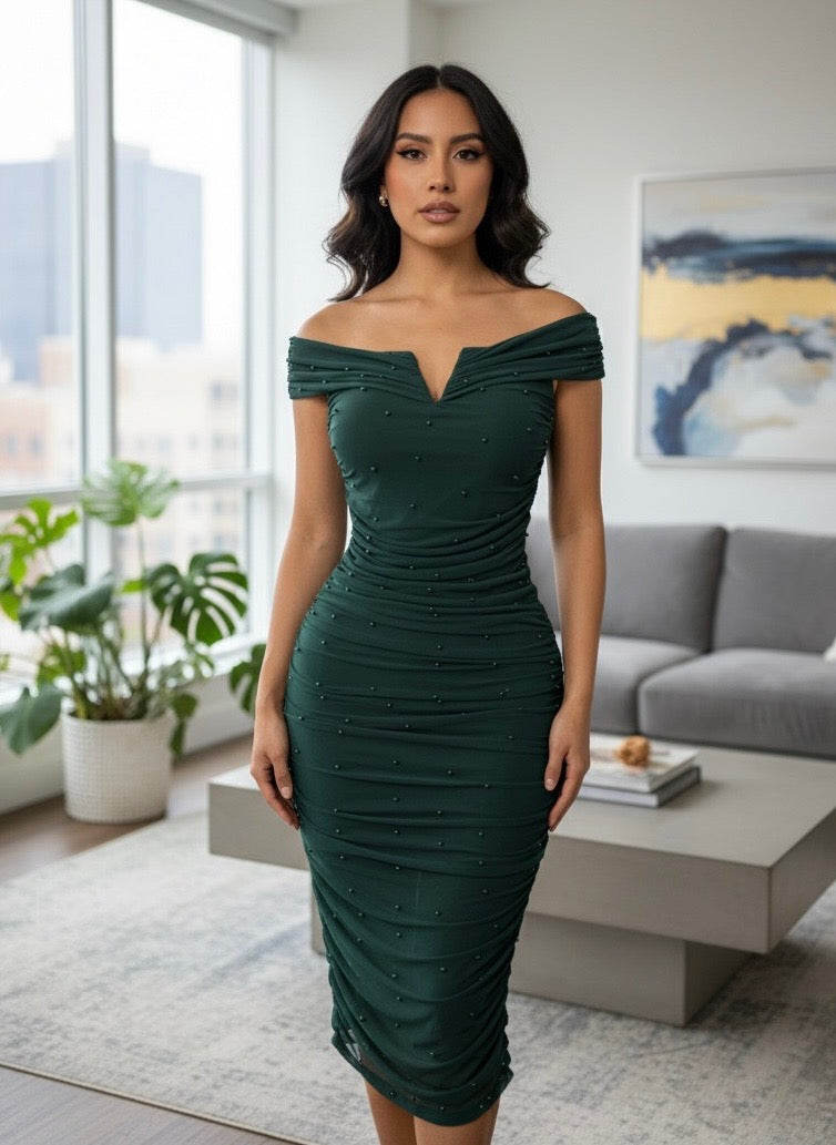 Susana Pearl Beaded Off Shoulder Ruched Dress