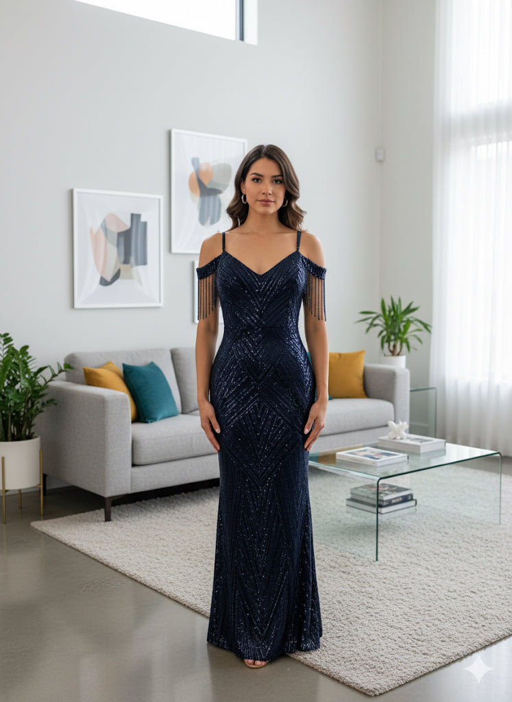 Adamaris Off Shoulder Fringe Stone Sequins Dress