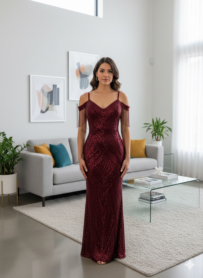 Adamaris Off Shoulder Fringe Stone Sequins Dress