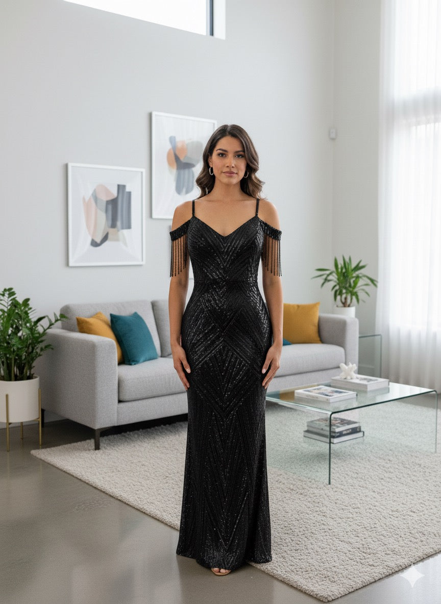 Adamaris Off Shoulder Fringe Stone Sequins Dress