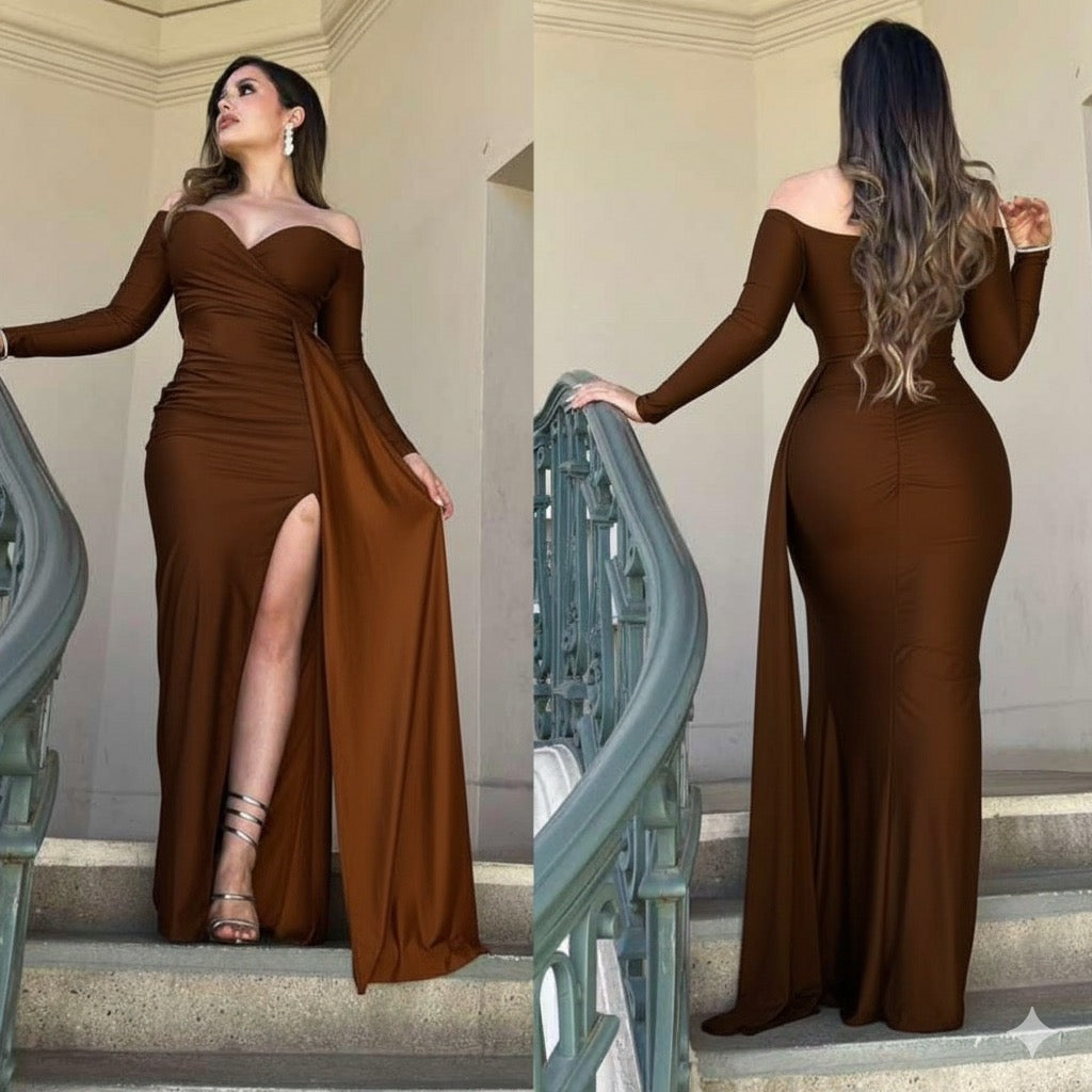 Alexandra Off the Shoulder Ruched Gown w/ Side Gathering