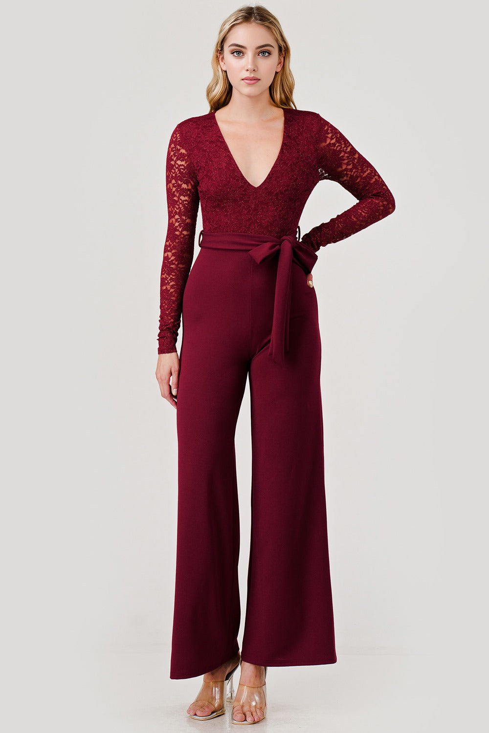Linda Lace Long Sleeve V Neck Belted Jumpsuit