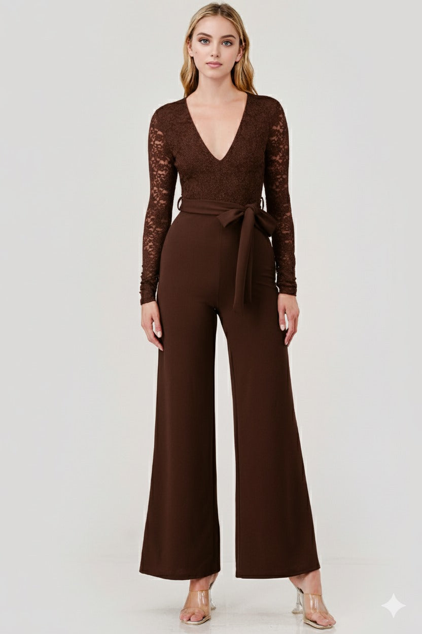 Linda Lace Long Sleeve V Neck Belted Jumpsuit