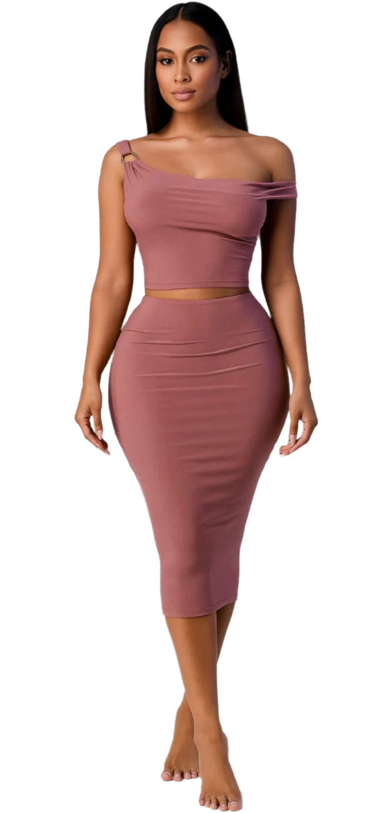 Woman wearing a mauve one-shoulder top and skirt set on a white background