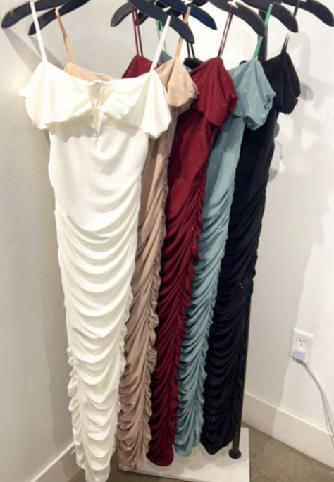 Dolores Off Shoulder V Neck Midi Glitter Ruched Dress