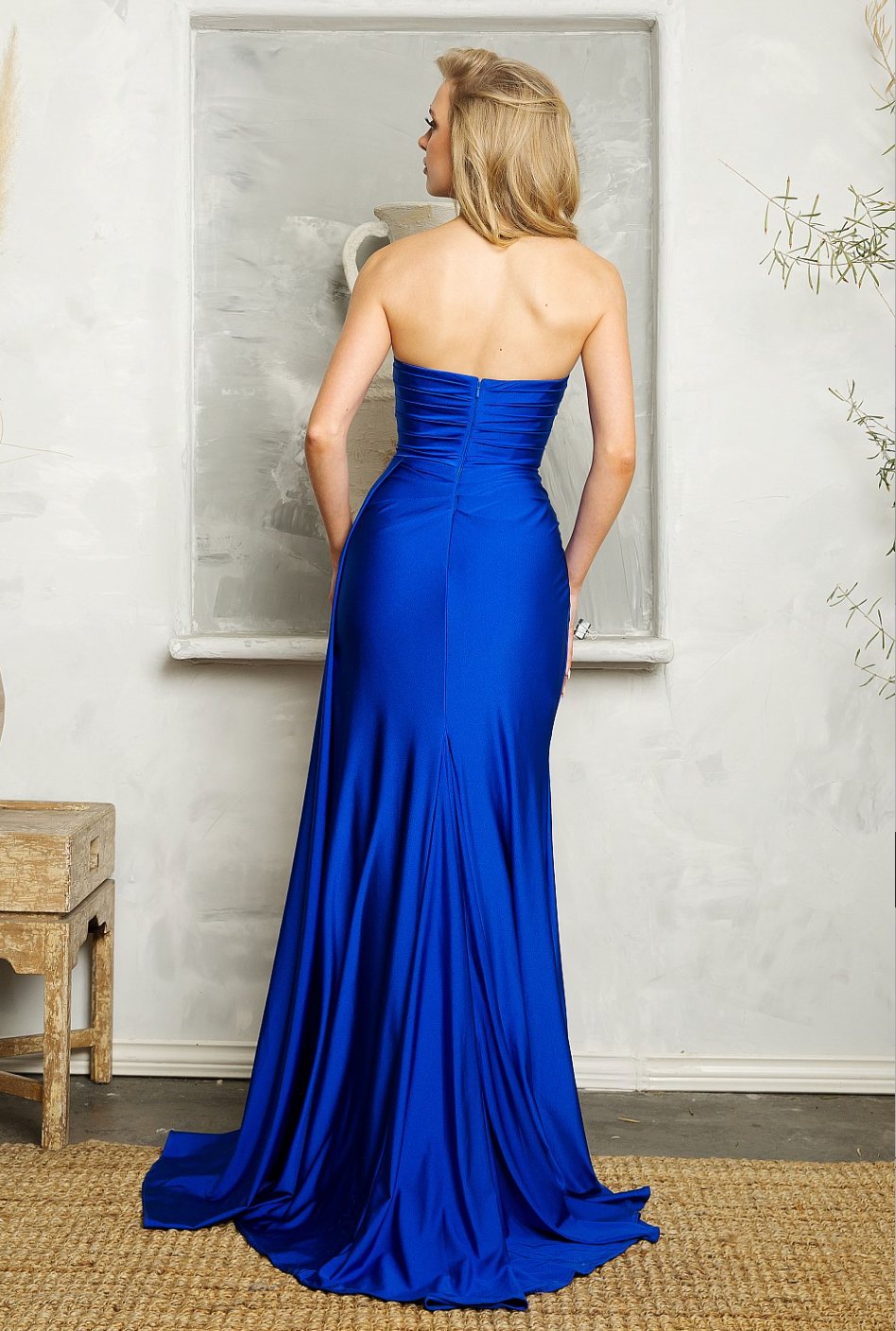 Daisy Strapless Ruched Gown with Side Sash & Gloves