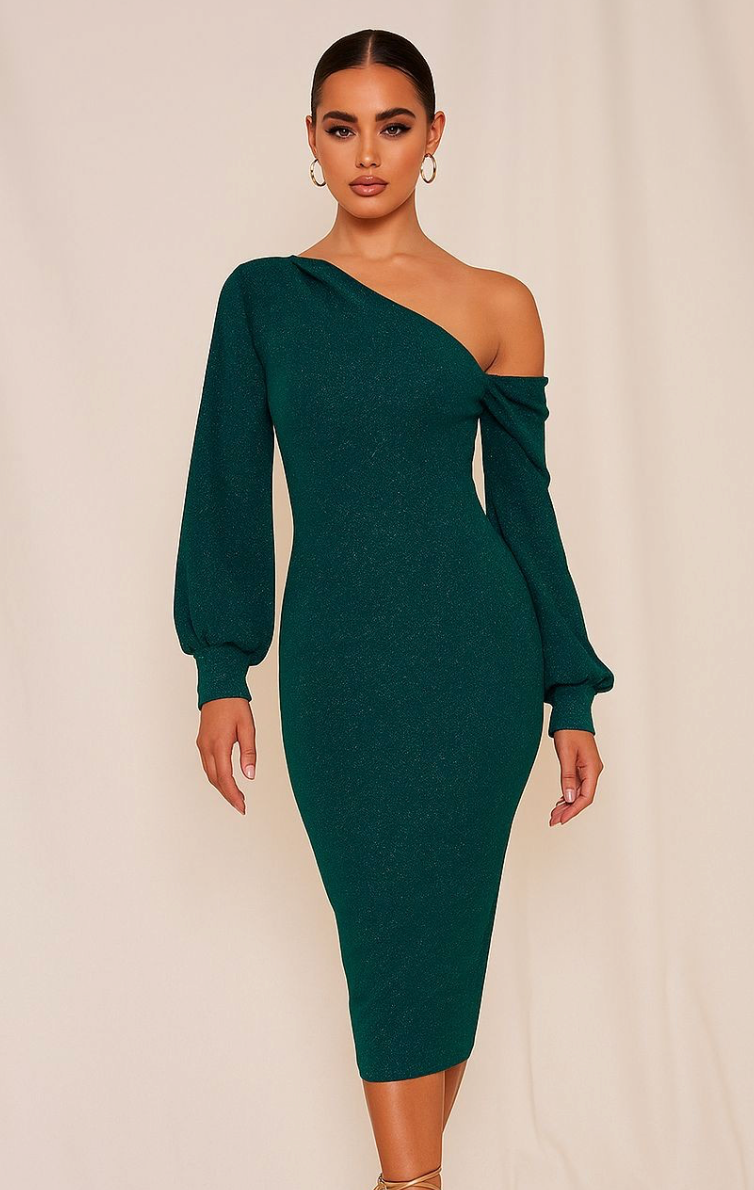 Soledad Sparkle Asymmetrical Neckline Bodycon Dress