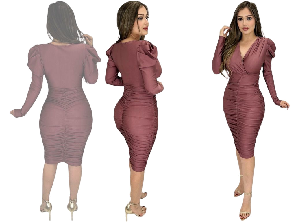 Yadira Long Puff Sleeve Ruched Midi Dress
