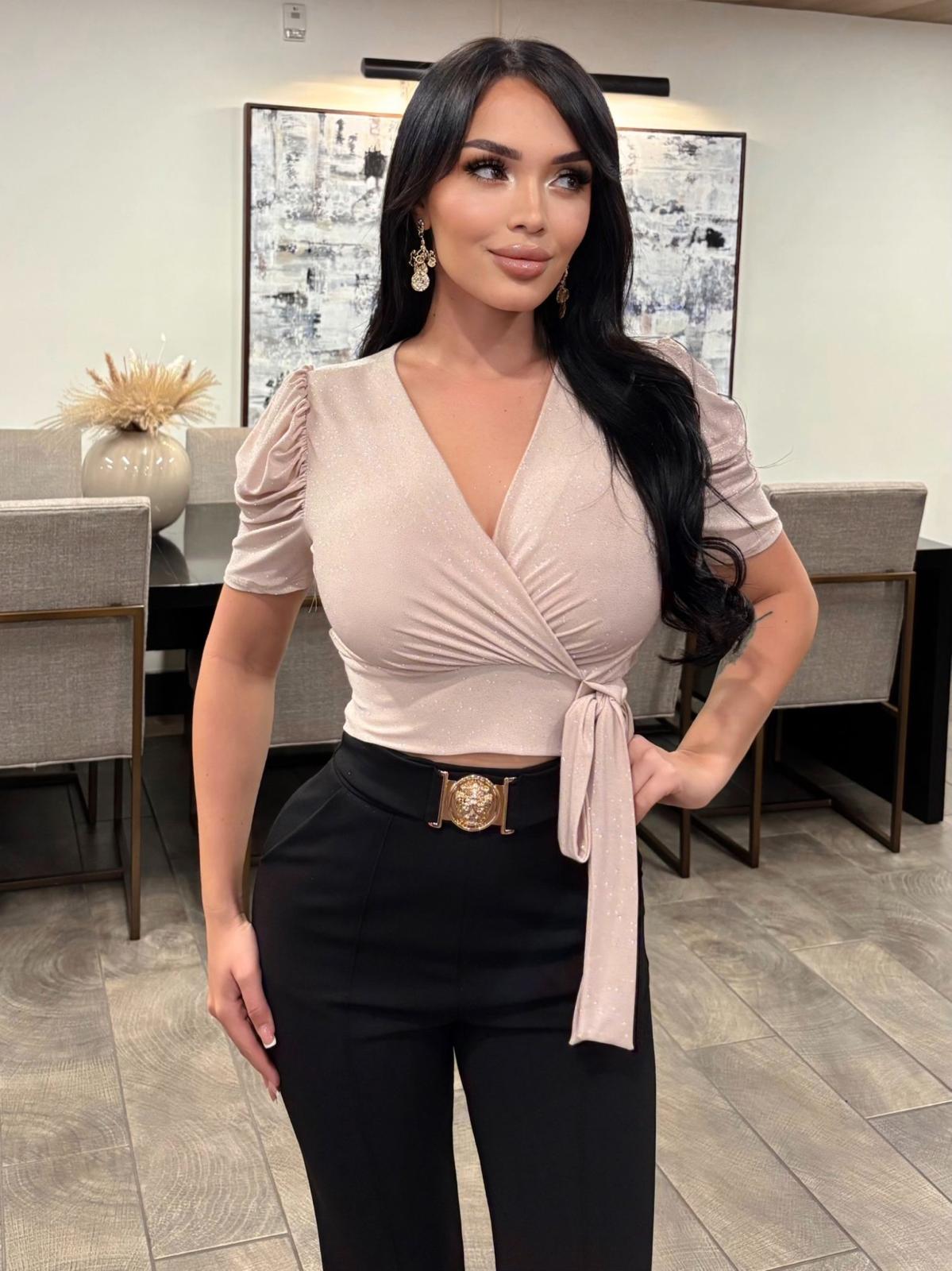 Delilah Puff Sleeve Glitter Top W/ Side Bow