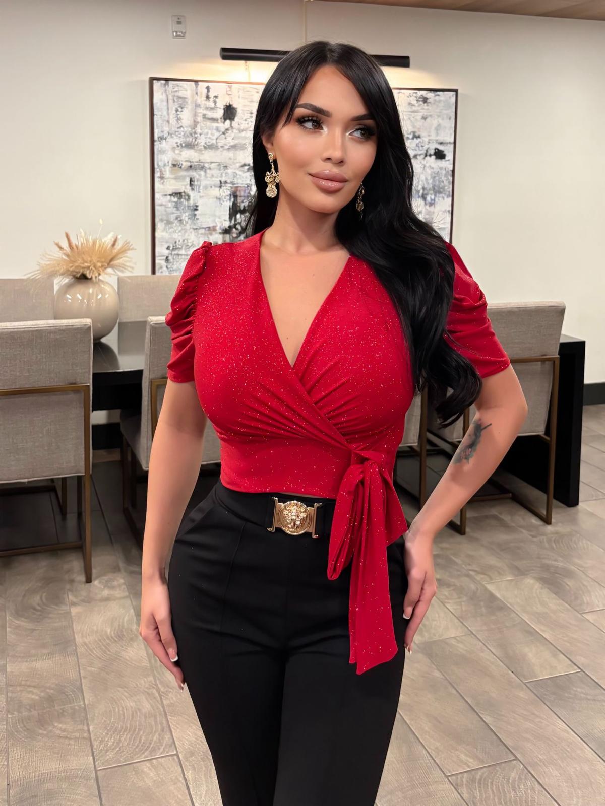 Delilah Puff Sleeve Glitter Top W/ Side Bow