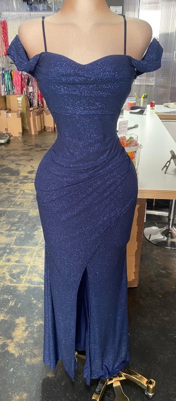 Destiny Off Shoulder Glitter Gown W/ Padding and Front Slit & Adjustable Straps
