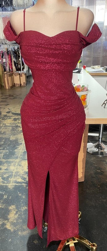 Destiny Off Shoulder Glitter Gown W/ Padding and Front Slit & Adjustable Straps
