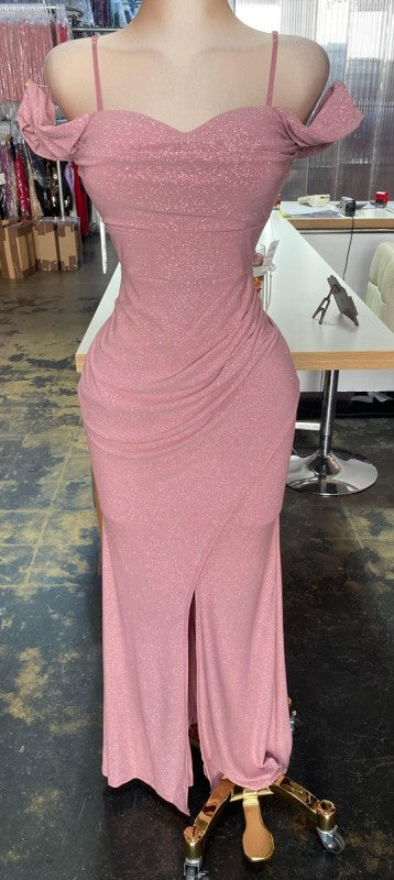 Destiny Off Shoulder Glitter Gown W/ Padding and Front Slit & Adjustable Straps