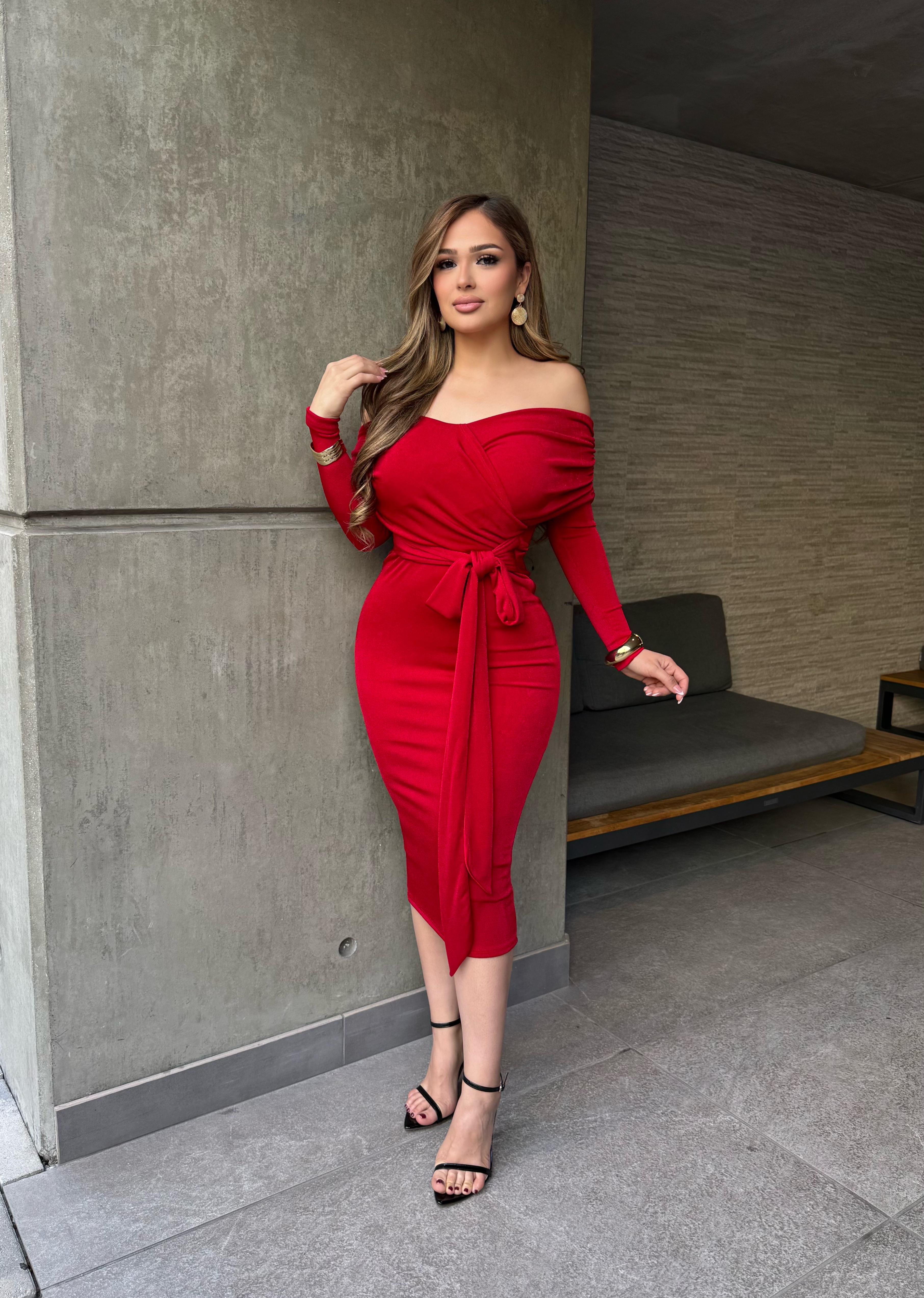 Gisselle Off Shoulder Belted Midi Dress