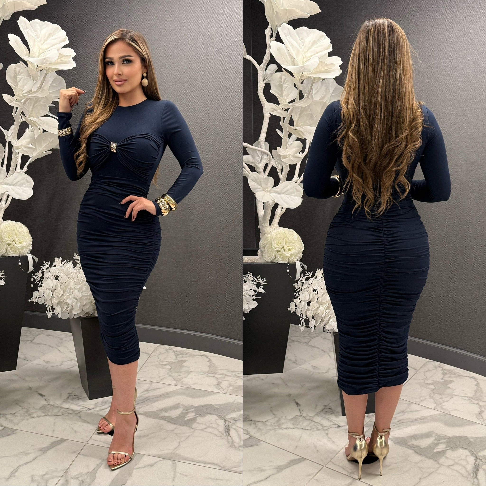 Santana Midi Long Sleeve Dress W/ Ruching & Gold Detailing