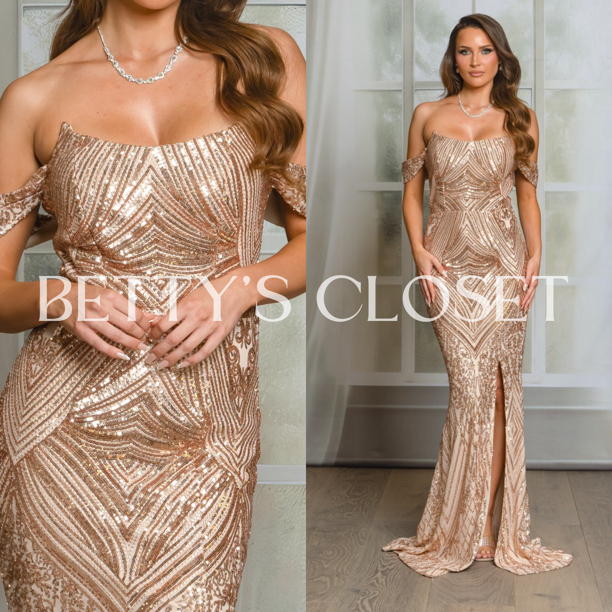 Renata Off Shoulder Corset Sequin Maxi Gown With Slit
