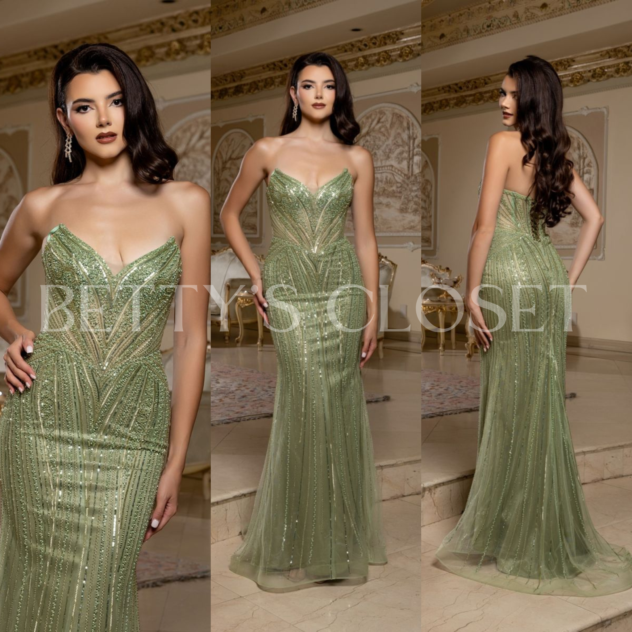 Emilia  Deep V-Neck Beaded Ornate Long Gown
