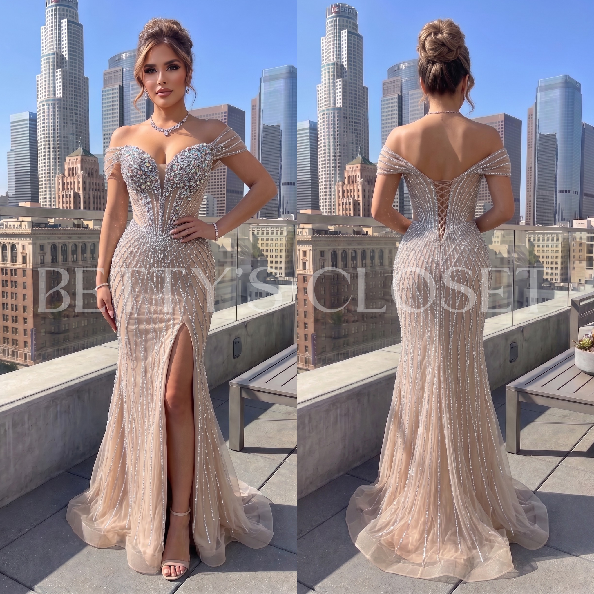 Darla Off Shoulder Embellished Gown w/ Lace up Back