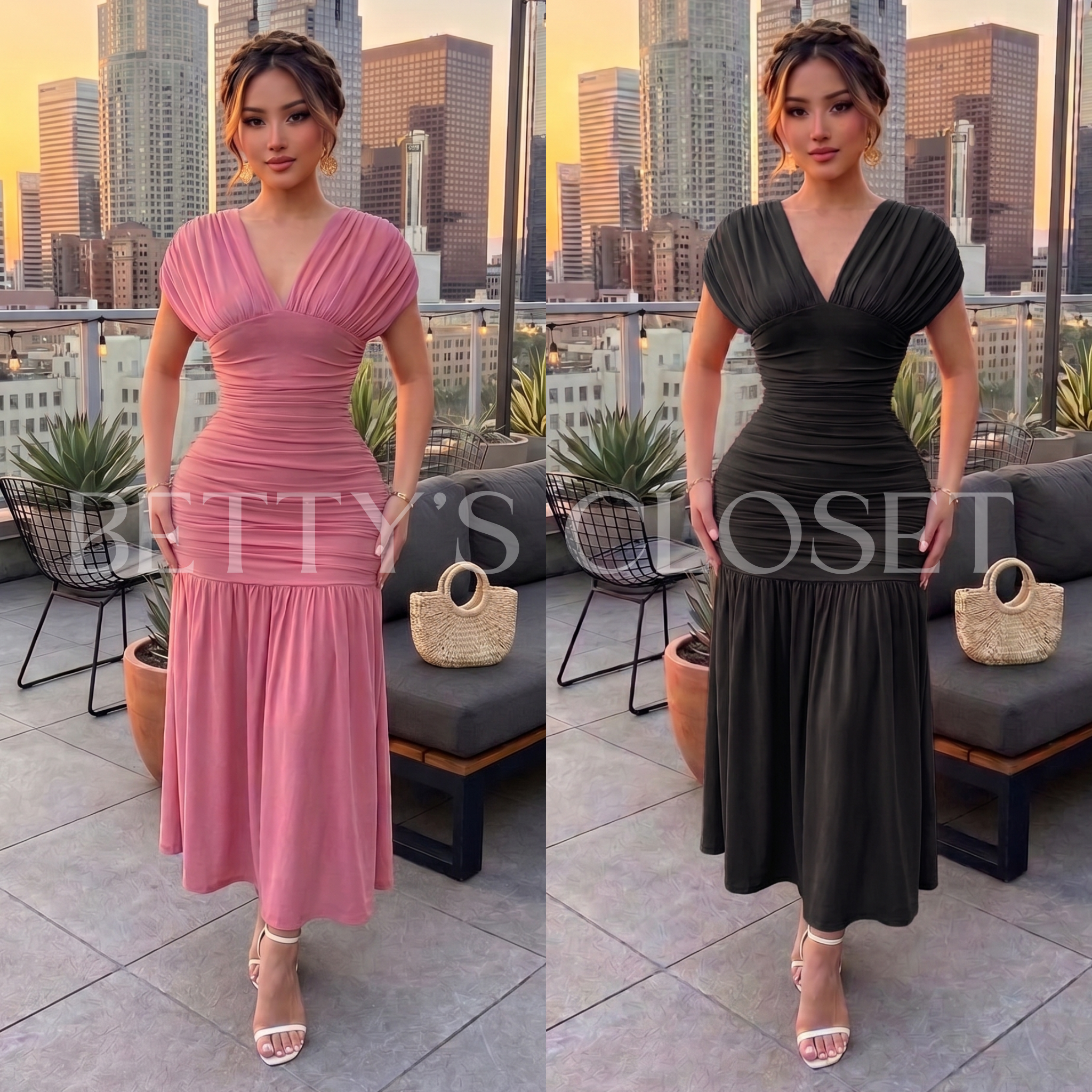 Arleth Mesh V-Neck Flare Maxi Dress