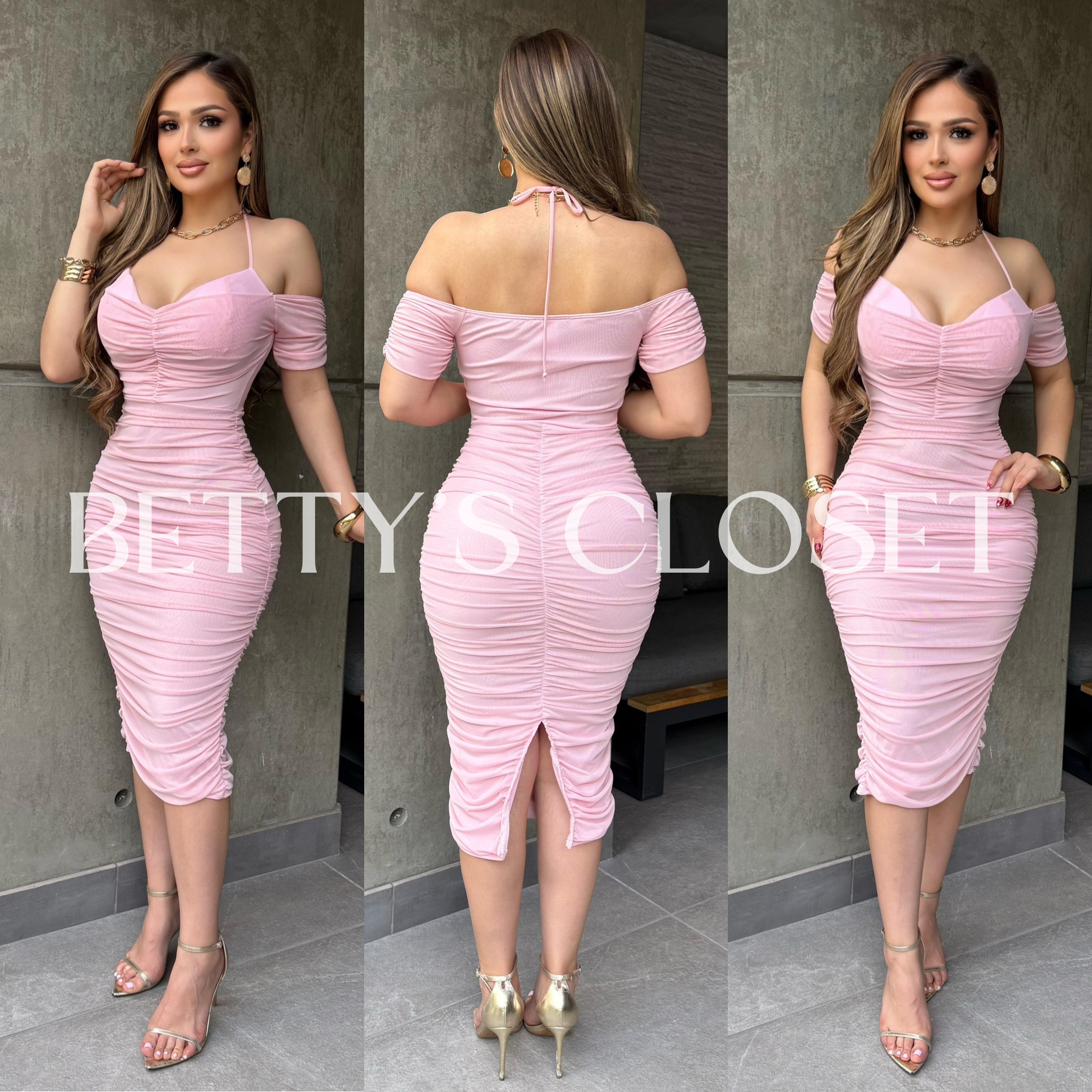Cindy Short Sleeve Off Shoulder Ruched Halter Dress