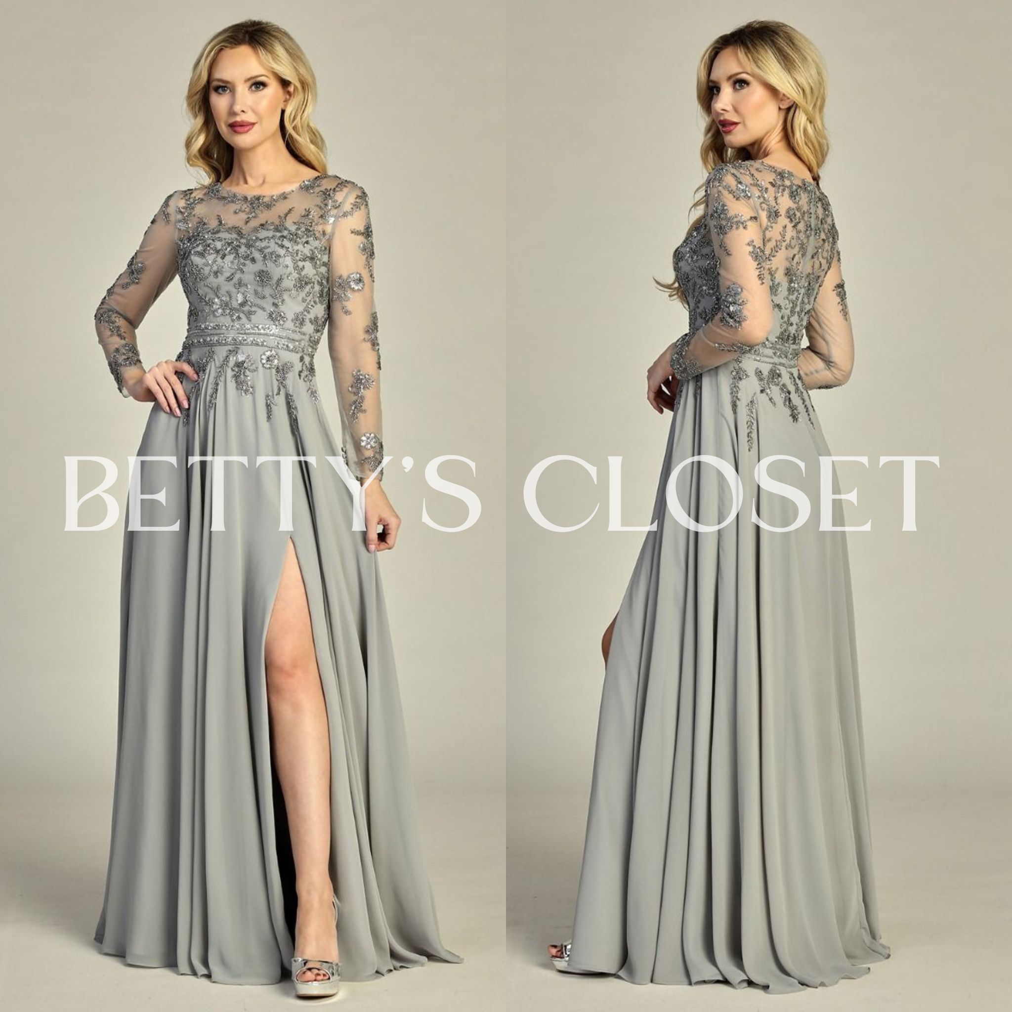 Rebecaa Princess A Line Long Sleeve Embroidered Prom Gown