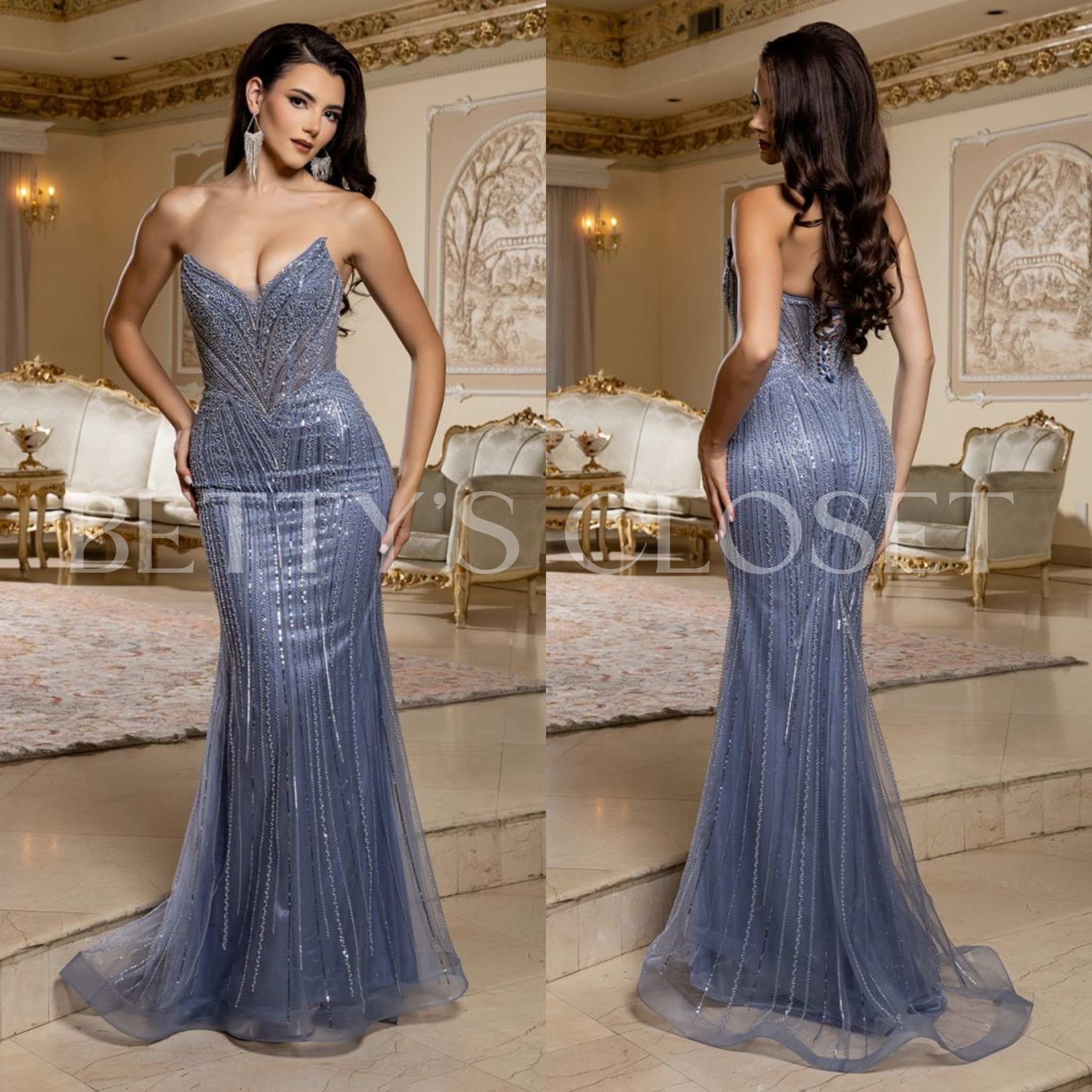 Emilia  Deep V-Neck Beaded Ornate Long Gown