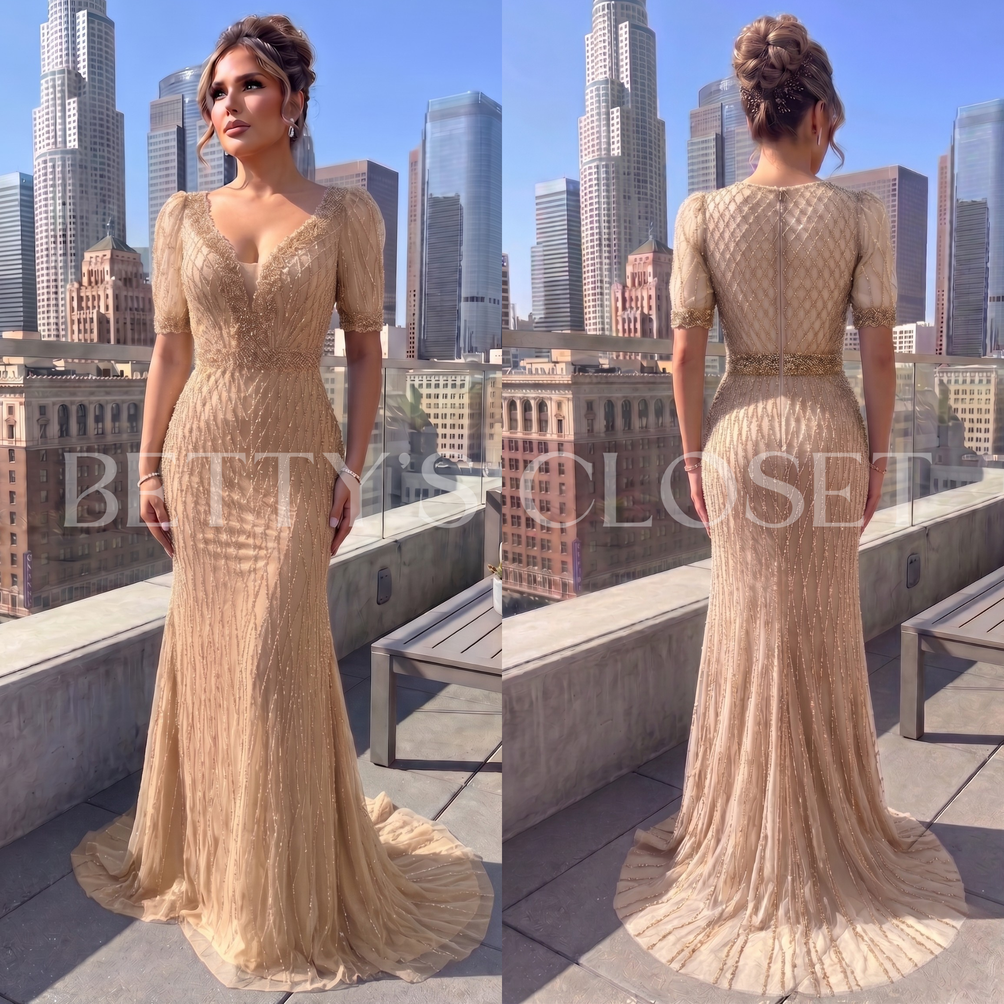 Lola Short Puff Sleeved Beaded Gown W/ Back Zipper