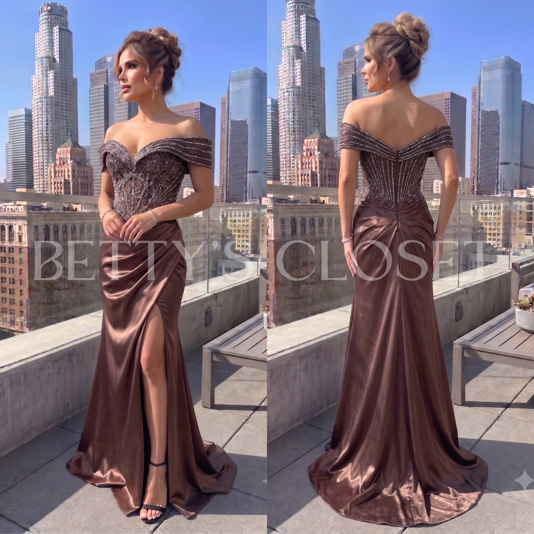 Renata Off Shoulder Embellished Satin Gown W/ Zipper Back
