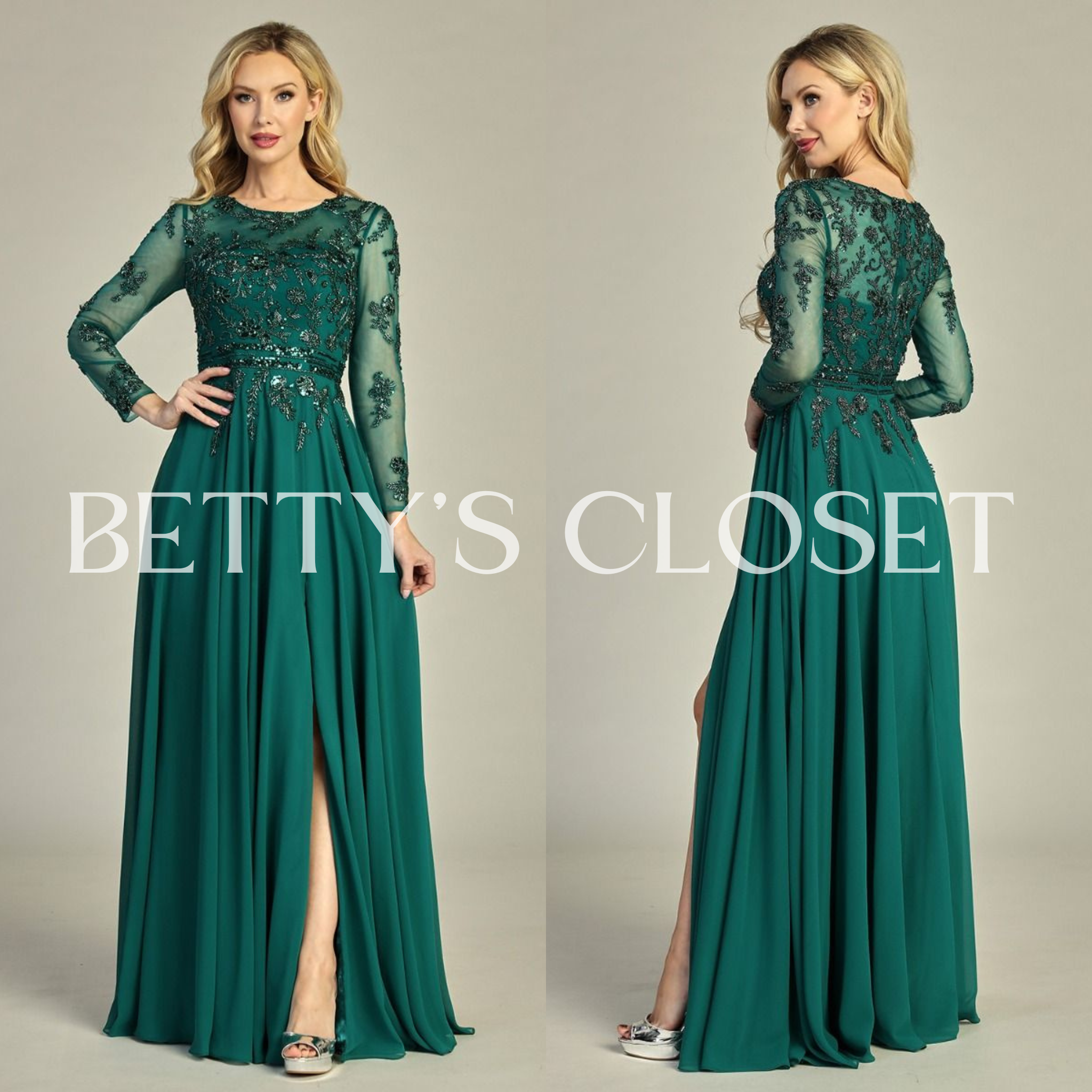 Rebecaa Princess A Line Long Sleeve Embroidered Prom Gown