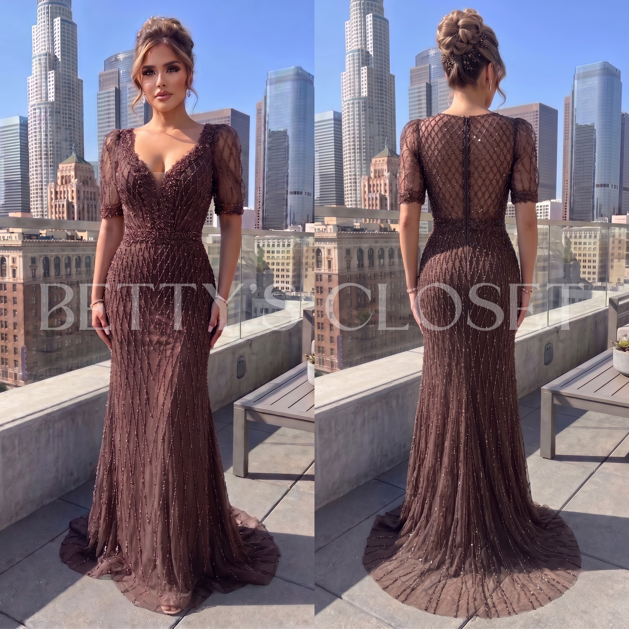 Lola Short Puff Sleeved Beaded Gown W/ Back Zipper